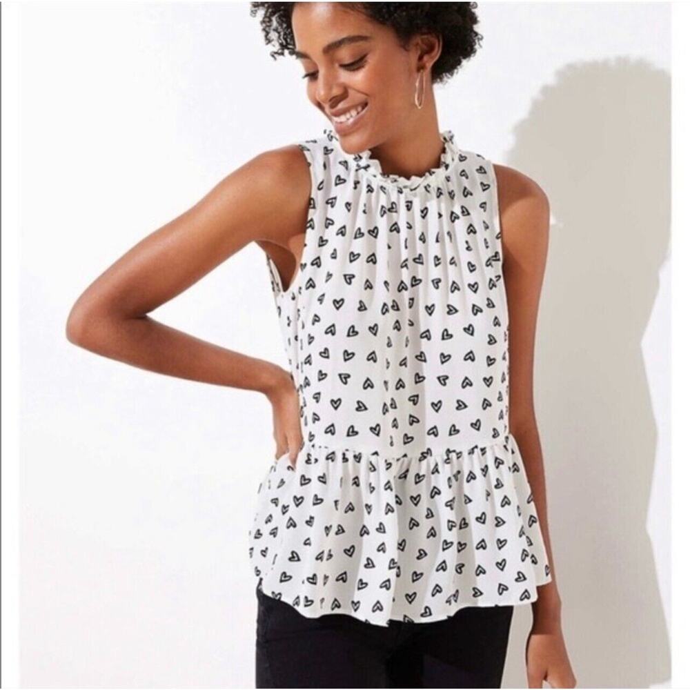 Loft White Peplum Top Black Hearts Sleeveless Ruffle Tie Neck and Ruffle Hem XSP